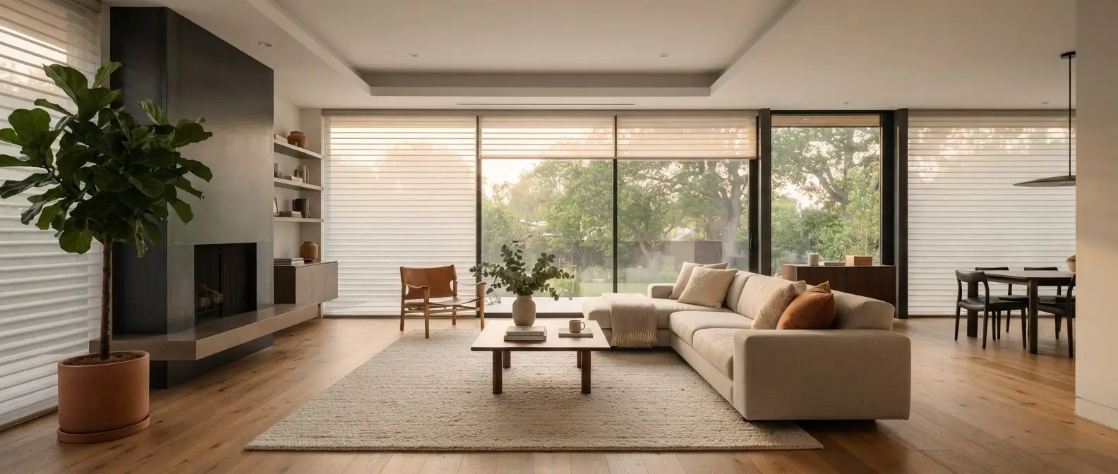 Modern living room with floor-to-ceiling sheer fabric shades filtering soft daylight