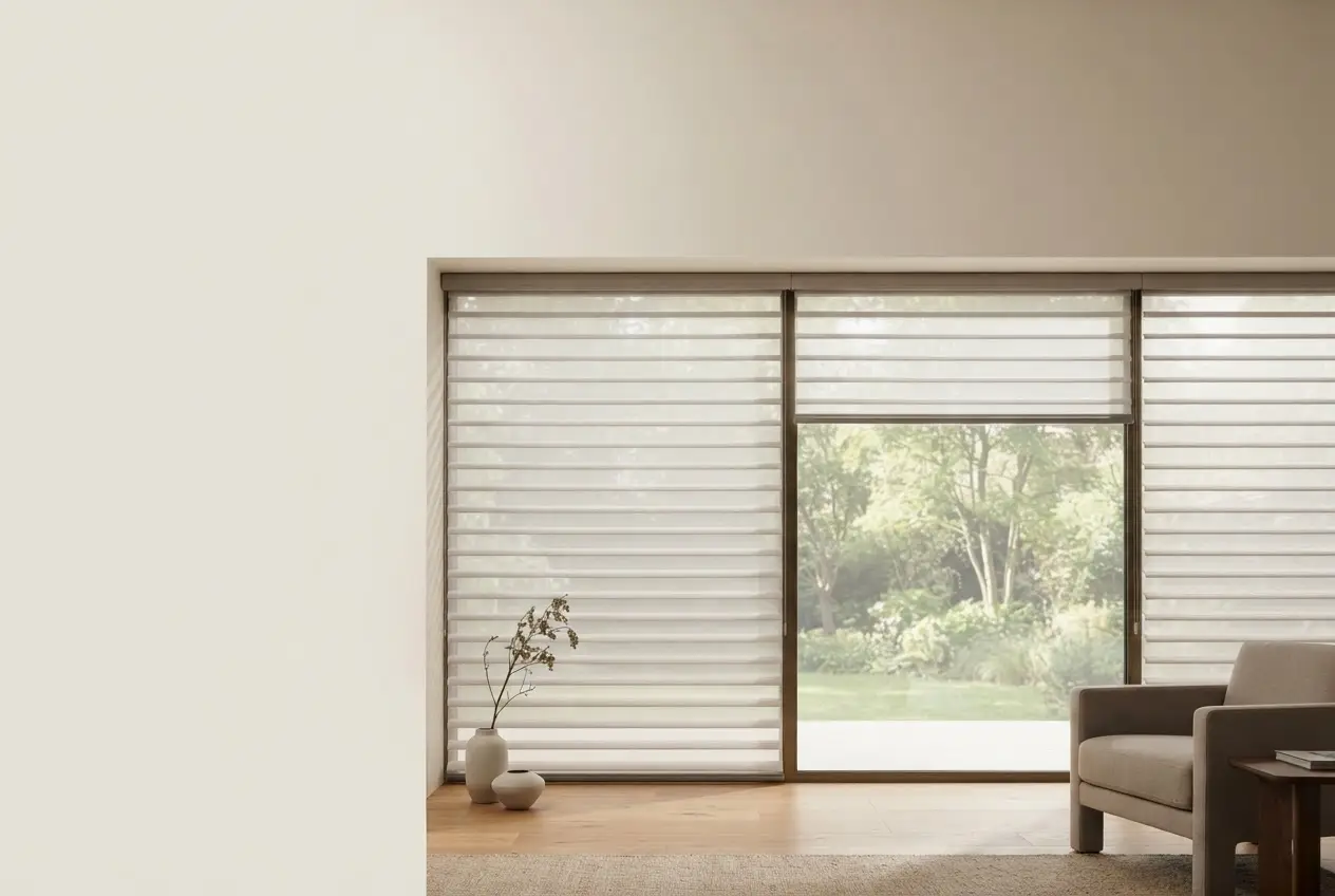 Sheer shade with open vanes letting soft daylight through