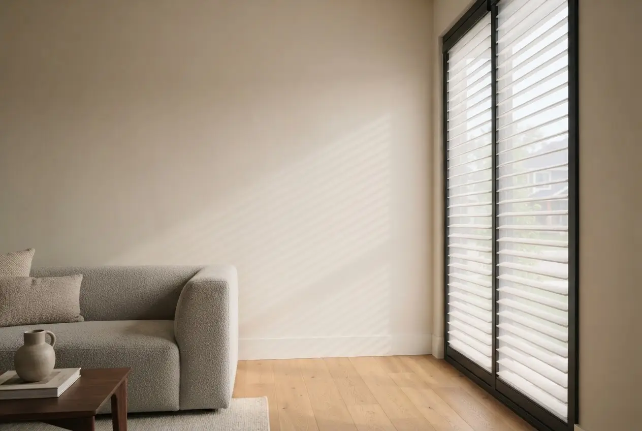 Sheer shade with vanes tilted to adjust the balance between view and privacy
