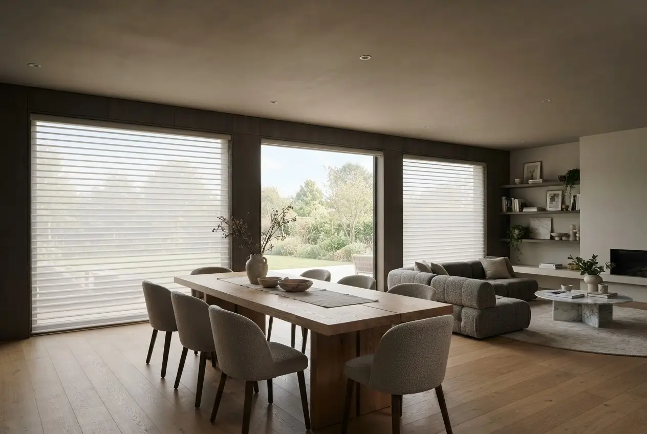 Wide finished dining room with sheer shades across multiple windows