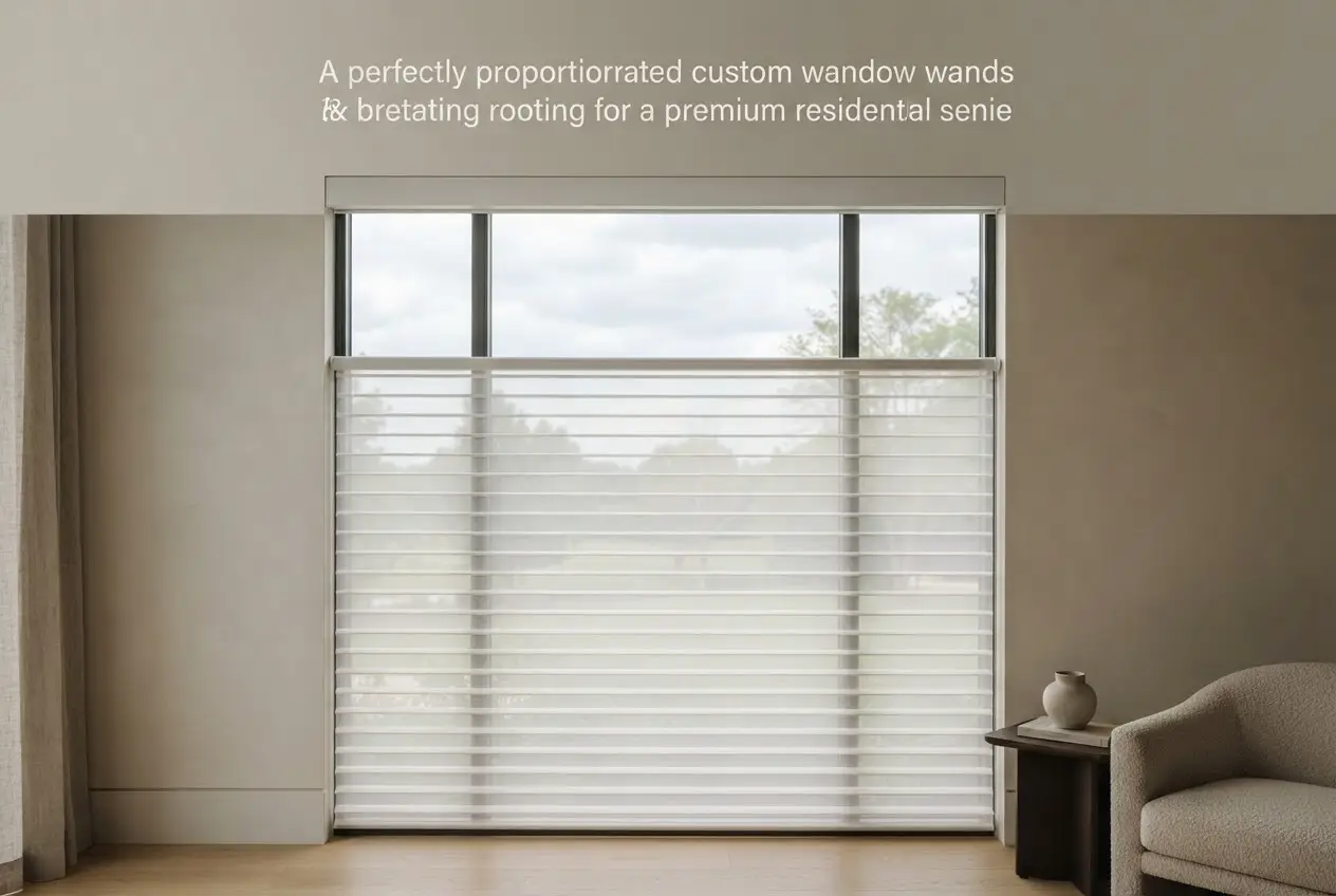 Custom-made sheer fabric window shade fitted to a tall modern window with a clean cassette headrail