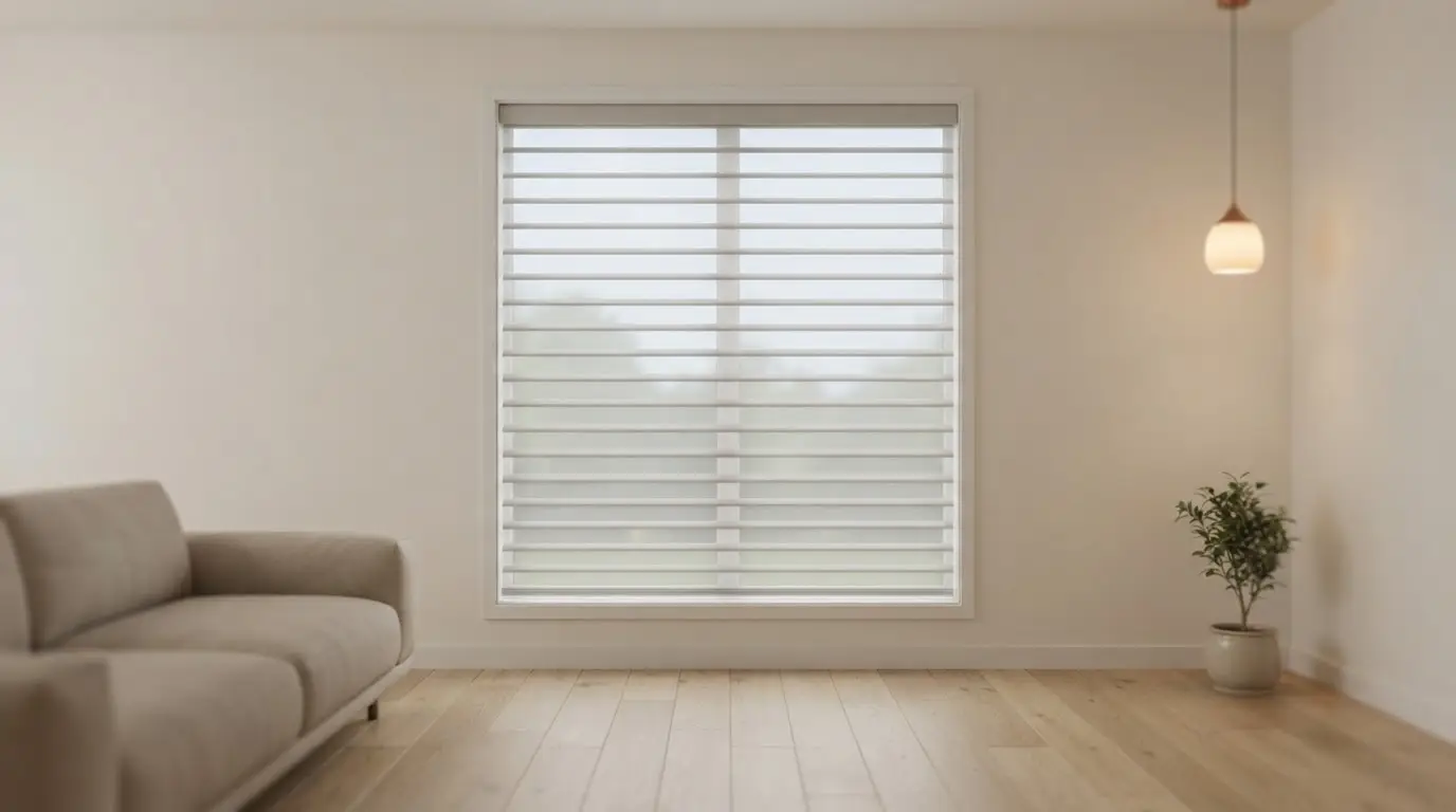 Sheer fabric shade with vanes slightly tilted to softly diffuse daylight