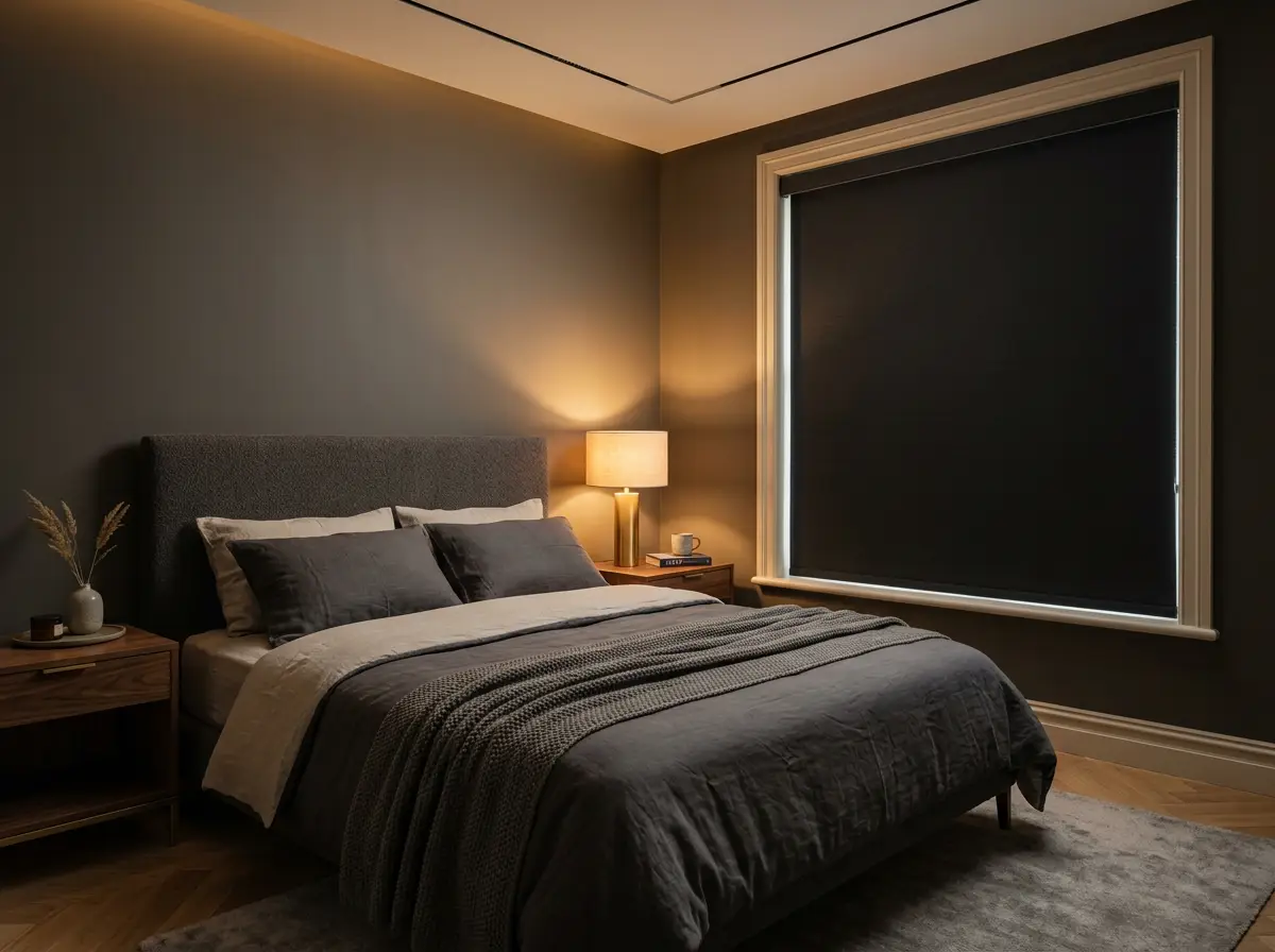 Blackout roller shade in a dim bedroom