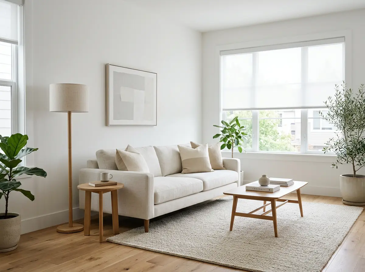 Light filtering roller shade in a bright living room