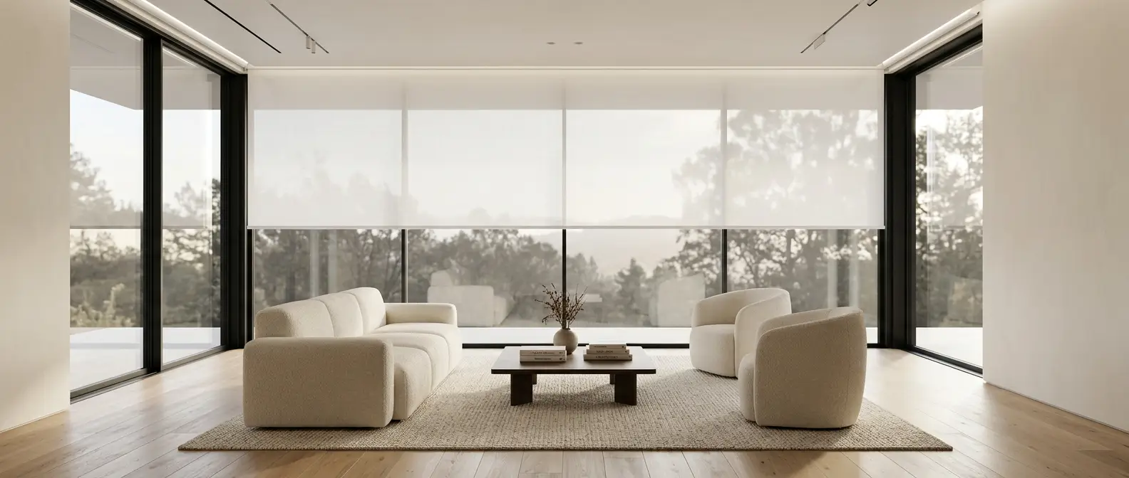 Modern living room with clean roller shade