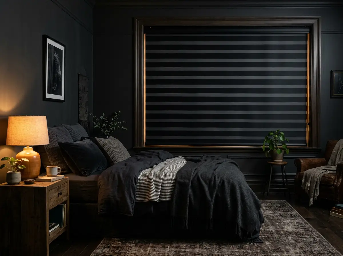 Blackout Zebra Blinds in a dim bedroom with layered fabric bands closed for privacy