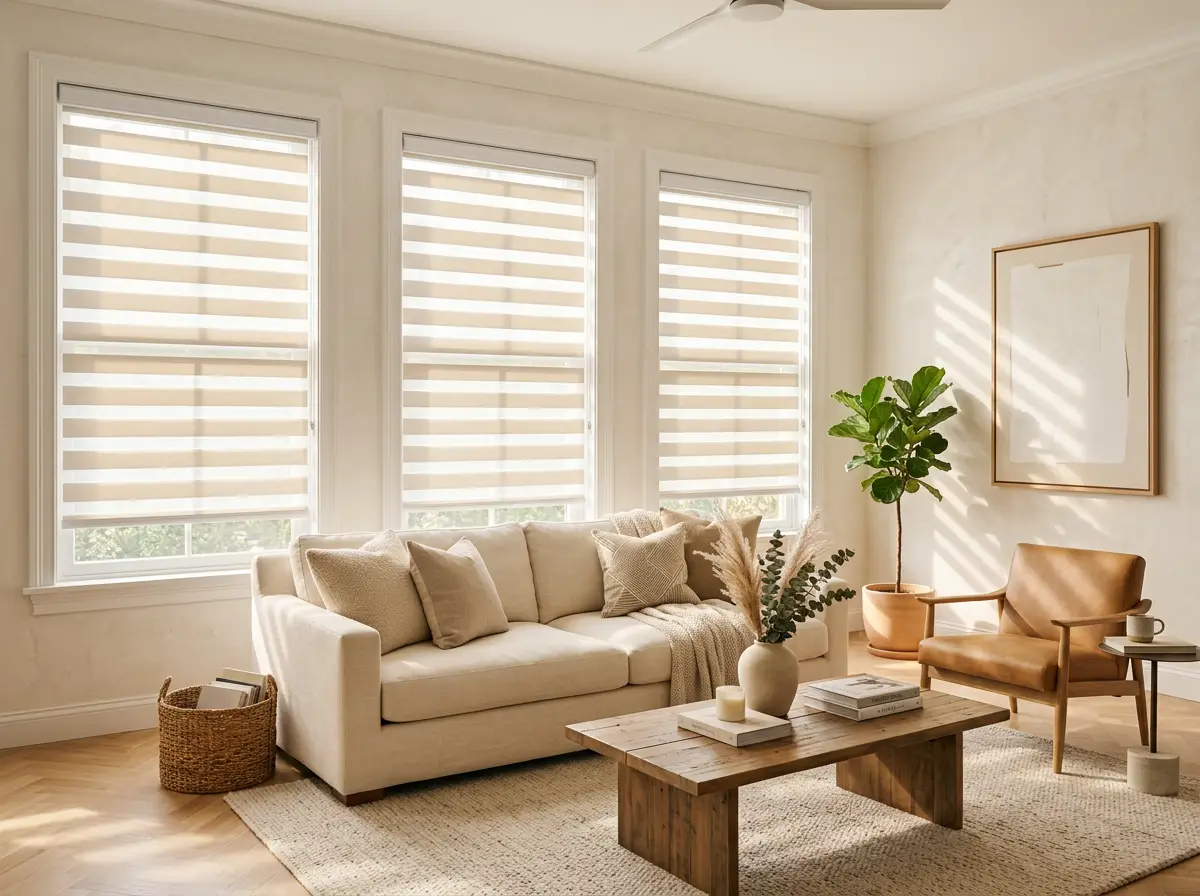 Light Filtering Zebra Blinds in a bright modern living room with soft daylight