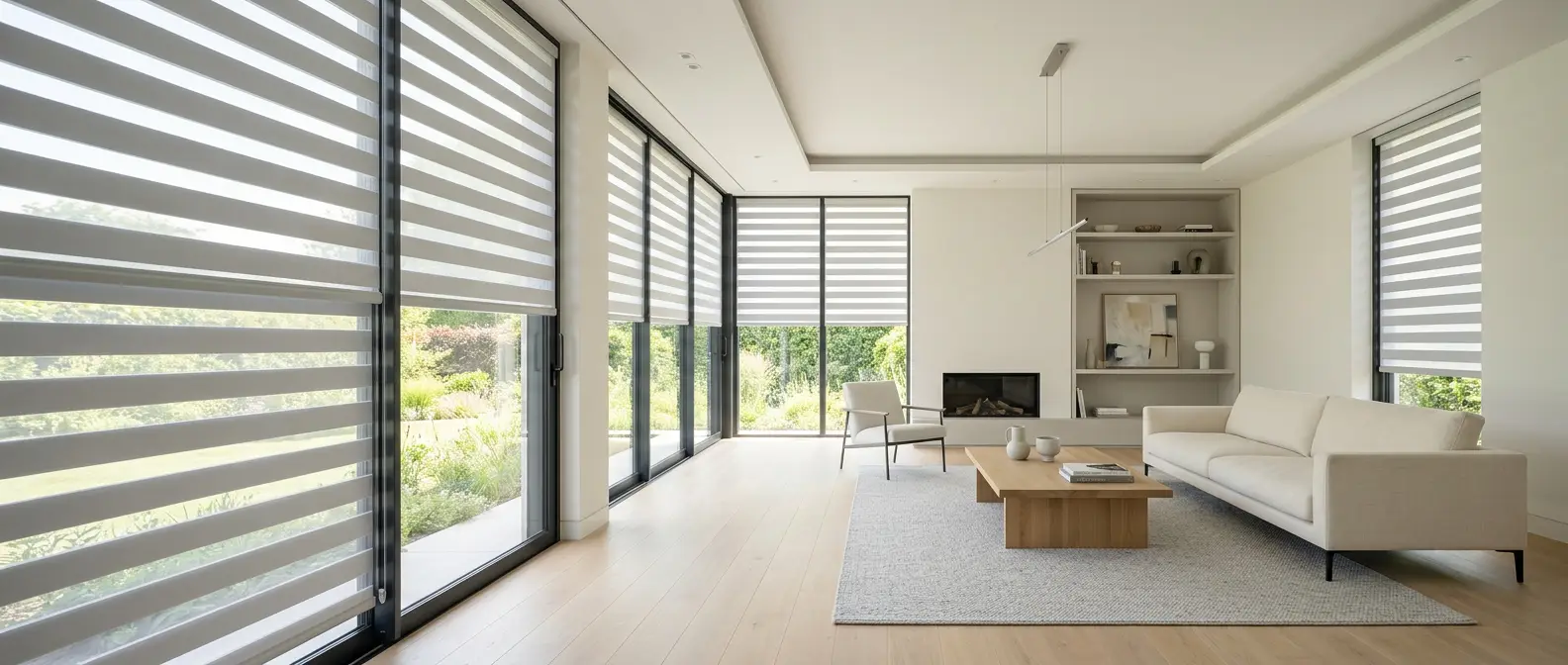 Modern room with zebra shade partially aligned